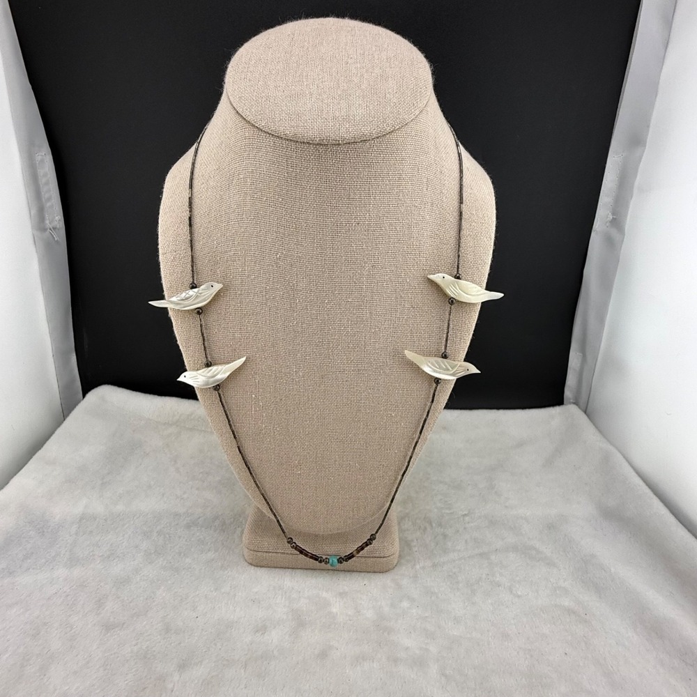 Vintage Fetish Necklace Carved‎ Mother of Pearl Birds 25"